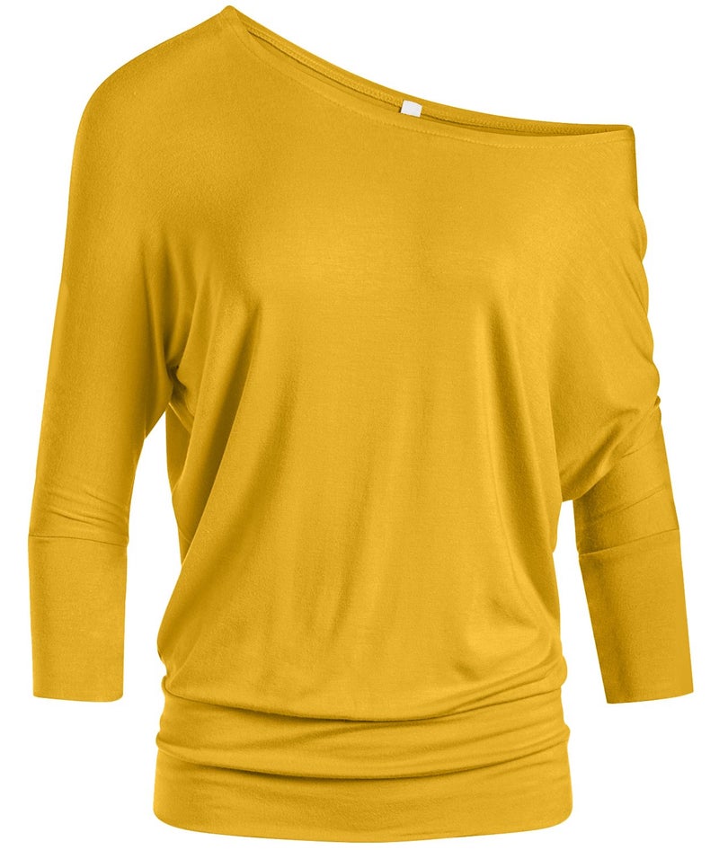 Simlu Dolman 3/4 Sleeve Drape Round Neck Top With Banded Waist - Made In USA, Mustard, Medium - Image 1